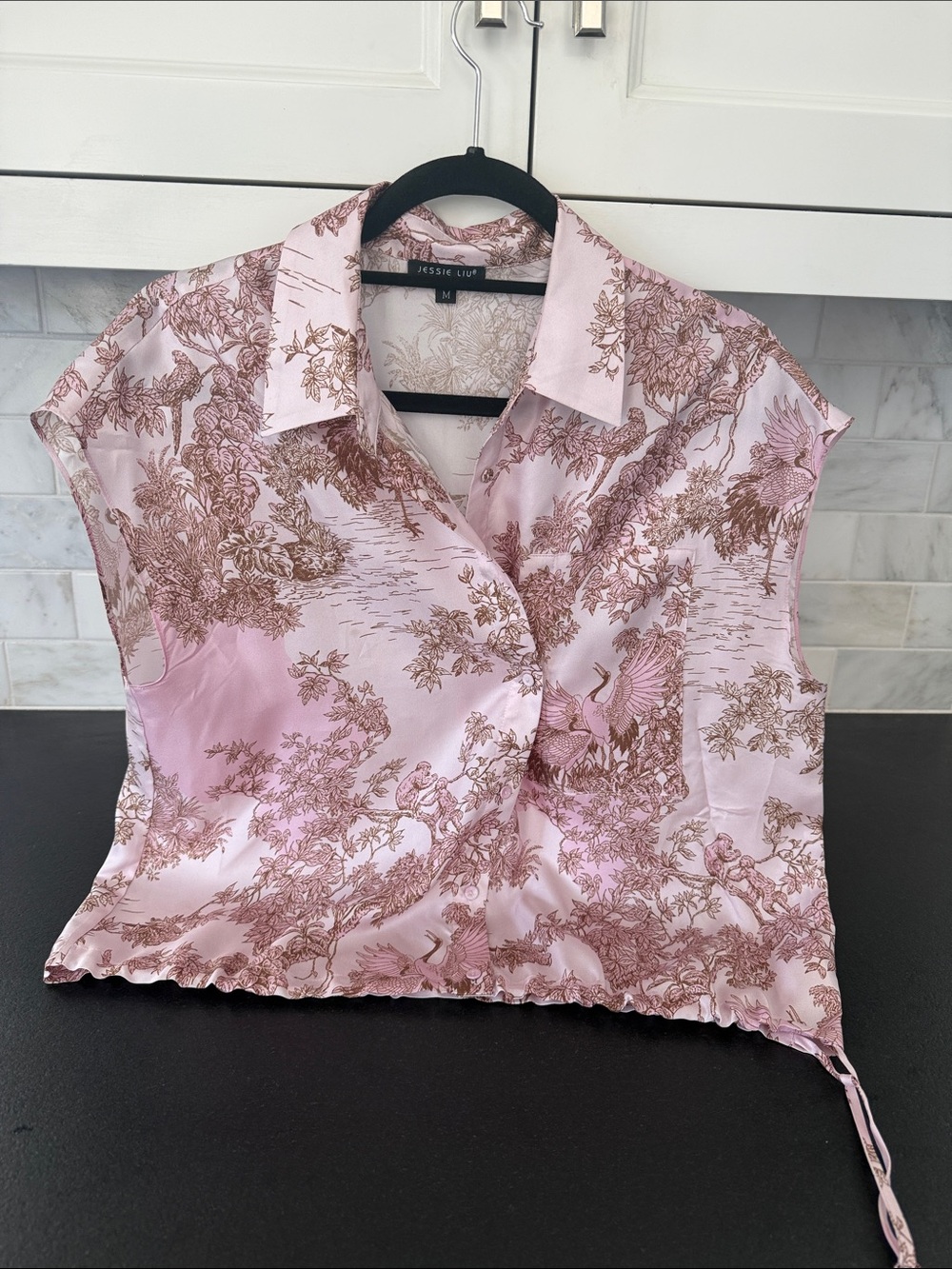 Jessica Liu Pink and Brown Toile 100% silk Sleeveless Blouse